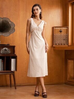 RIHOAS Cream Polka Dot V-Neck Slip Dress